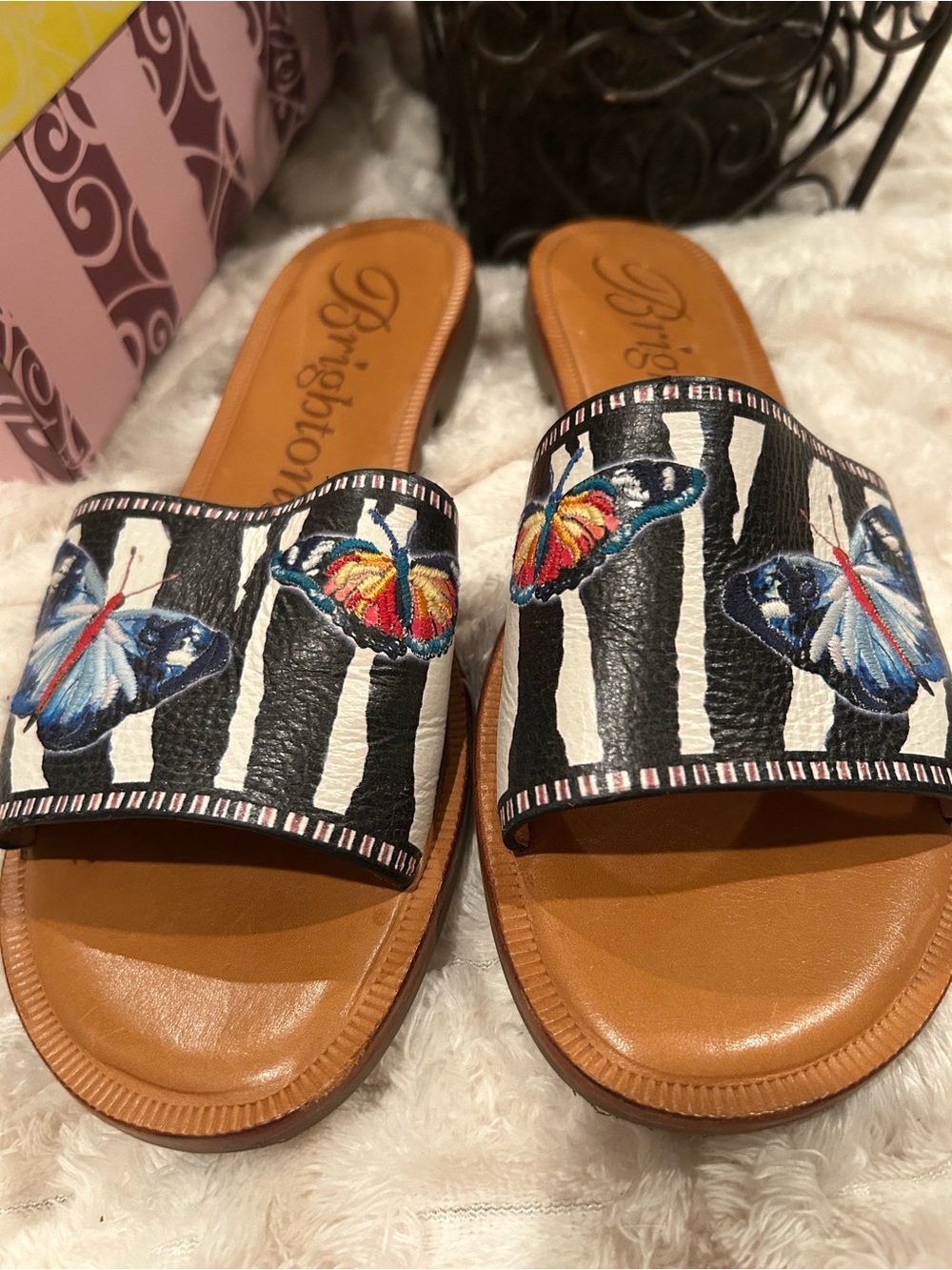 Brighton Black & White Striped Slide Sandals with Colorful Butterfly Embroidery